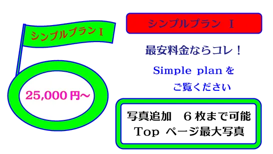 デザインロゴ「シンプルプランⅠ、最安料金ならコレ！、シンプルプランⅠをご覧ください、Topページ最大写真、写真6枚まで可能、25,000円～」